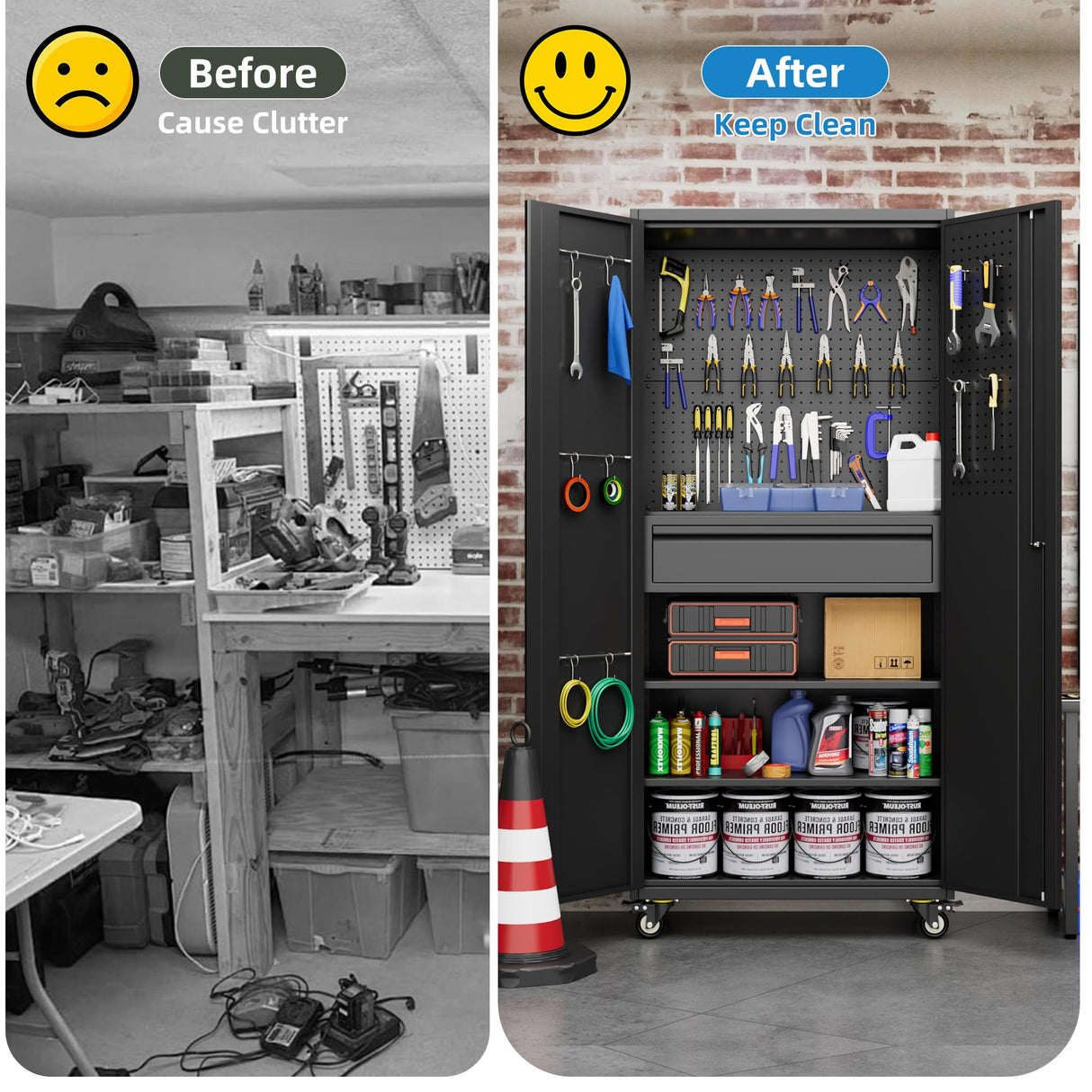 GLADIW Garage Storage Cabinet with Wheels, Metal Storage Cabinet with 1 Drawers and 2 Adjustable Shelves, Lockable Storage Cabinet with Pegboards for Homes, Offices, Kitchens, Schools and Pantries GLADIW