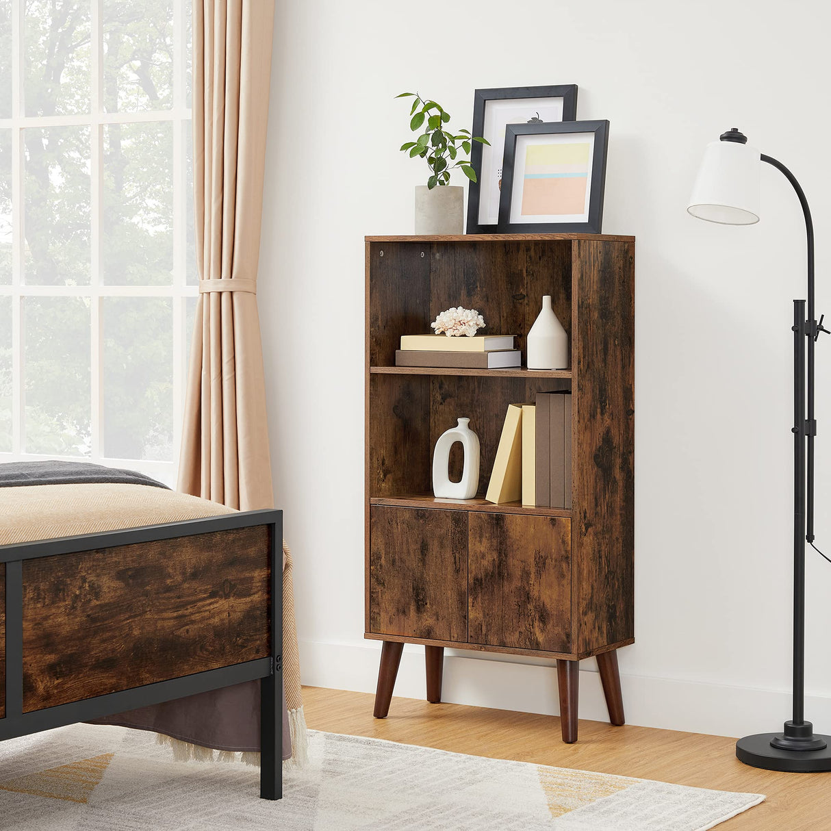 VASAGLE Bookcase, 2-Tier Retro Bookshelf with Doors, Storage Cabinet for Books, Photos, Decorations in Living Room, Office, Study, Mid-Century Style, Rustic Brown ULBC09BX VASAGLE