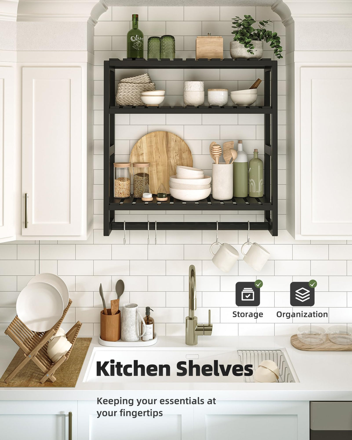 Galood Over The Toilet Storage Bathroom Shelves Wall Mounted 3 Tier Space Saver Corner Shelf Organizer Bamboo Towel Rack Toilet Paper Cabinet with Hanging Rod Black Galood