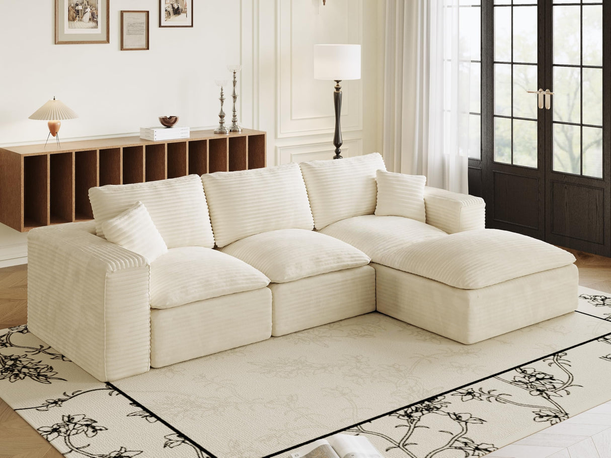 ZIGHTH 108" Plush Corduroy L Shaped Sectional Cloud Sofa Couch with Ottoman, Soft Deep Seat Modular Sectional Couches for Living Room,No Assembly. Beige ZIGHTH