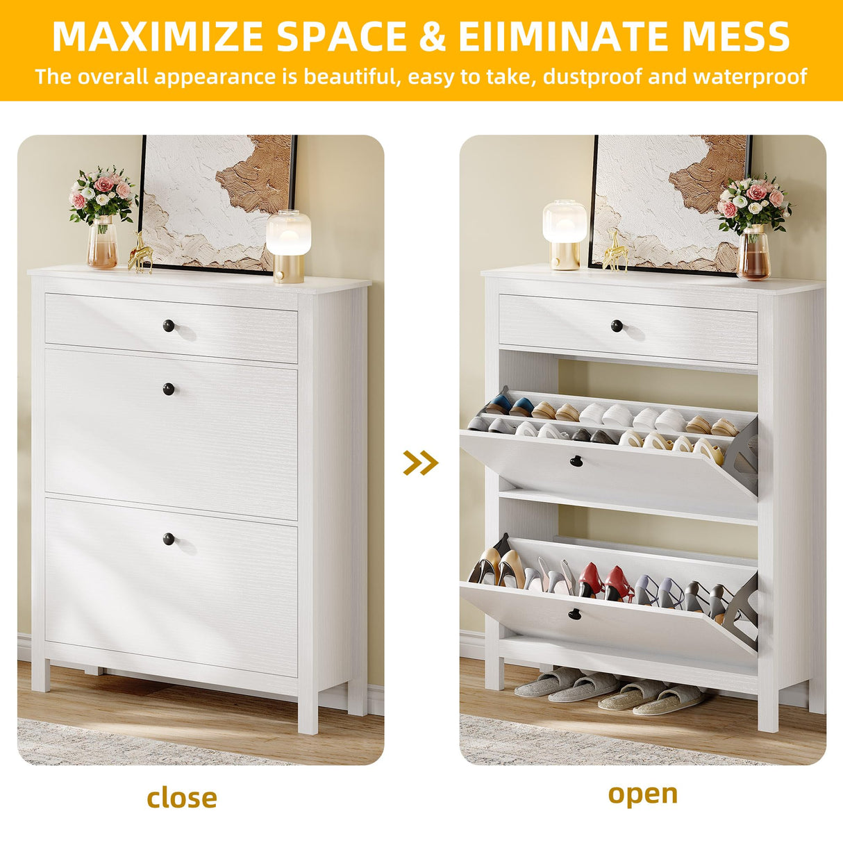 DWVO Narrow Shoe Cabinet with 2 Flip Drawer Slim White Shoe Storage Cabinet with Drawer, Adjustable or Removable Hidden Shoe Rack Free Standing Shoe Cabinet Organizer for Entryway, Hallway DWVO