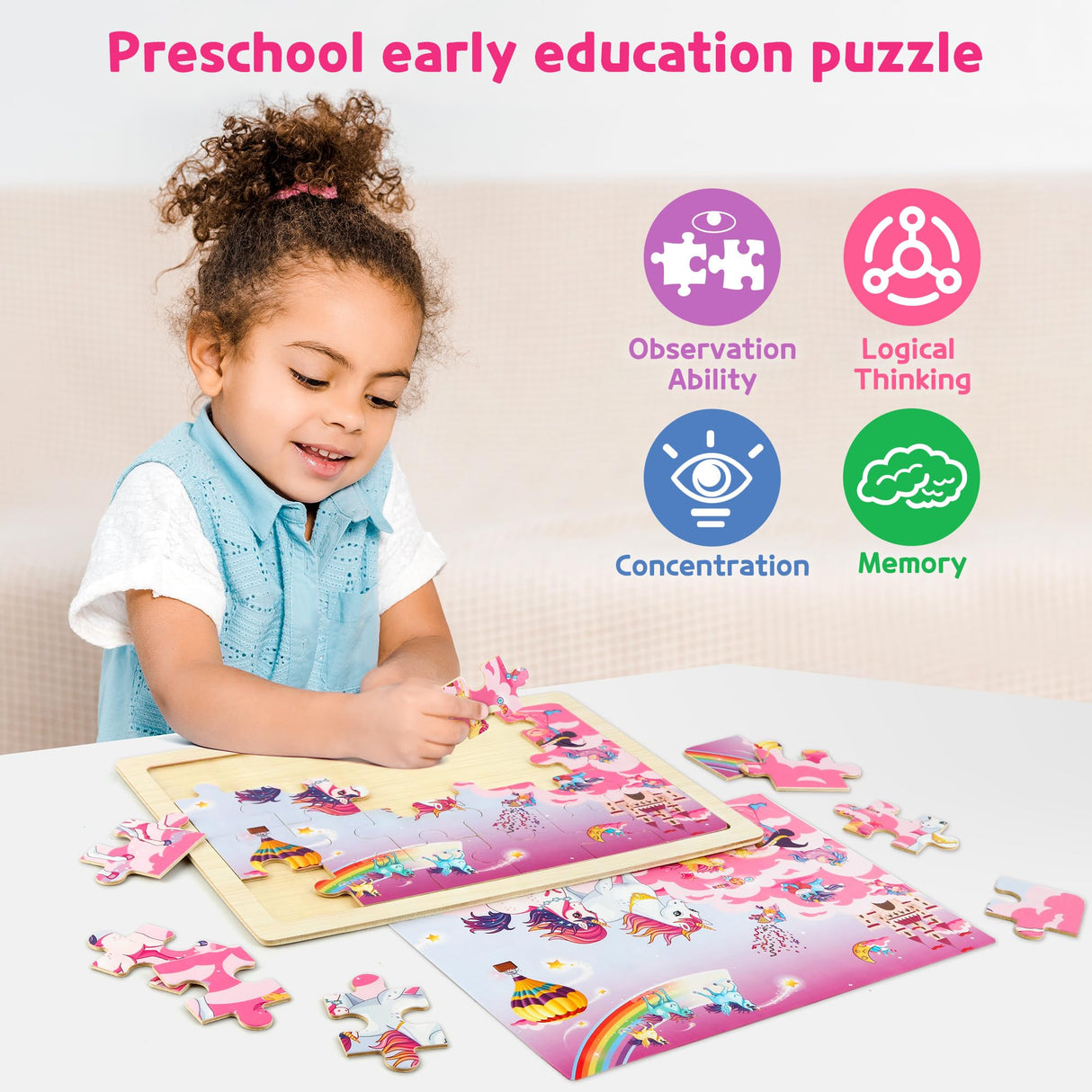 SYNARRY Large Unicorn Mermaid Princess Fairy Wooden Kids Puzzles 4 in 1 Gift Box(12.2*9.4 in) - FSC Certified, Puzzles for Toddlers 3-5, Puzzles for Kids Ages 4-6, Toys Gifts for 3 4 5 Year Old Girls SYNARRY