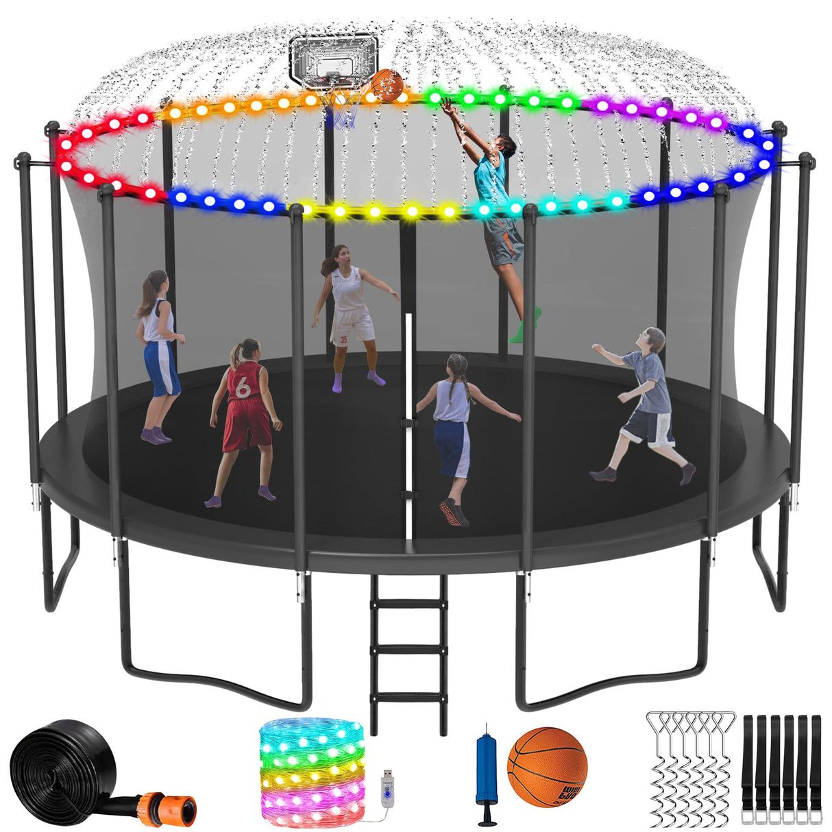 LHX 16FT Tranpoline for Adults and Kids, 1500LBS Tranpoline with Enclosure Net, Basketball Hoop and Ball, Outdoor Tranpoline with Light, Sprinkler, Ladder, Stakes Anchors - ASTM Approval LHX