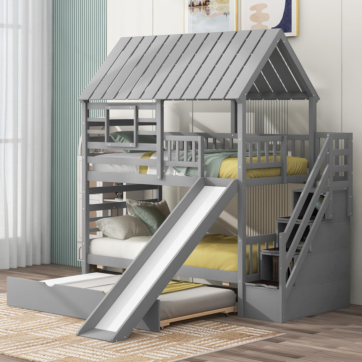 Kids Twin Over Twin Bunk Beds with Slide and Trundle, Solid Wood Bunk Bed Frame with Stairs and Storage, Playhouse Bunk Bed with Roof and Window for Kids, Teens, Girls & Boys (Gray) Harper & Bright Designs