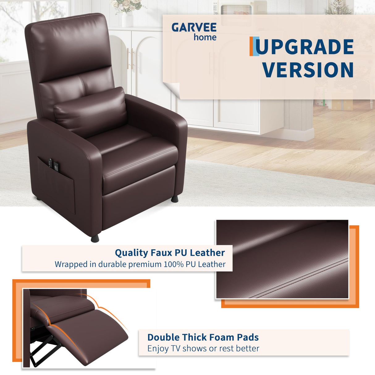 GarveeHome Power Recliner Chair - Heat and Massage, Adjustable Electric Recliner Ergonomic PU Leather Single Sofa, Tall Back, Padded Seat, Home Theater Seating for Living Room GarveeHome