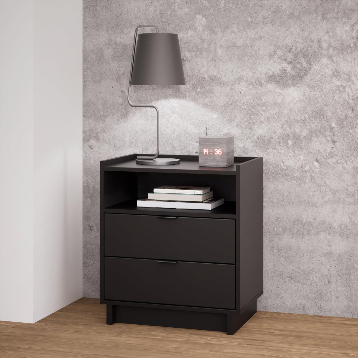 Prepac Simply Modern Nightstand Bedside Table, Black Nightstand for Bedroom, End Table with 2 Drawers and Open Shelf 23.75" W x 26.75" H x 16" D Prepac