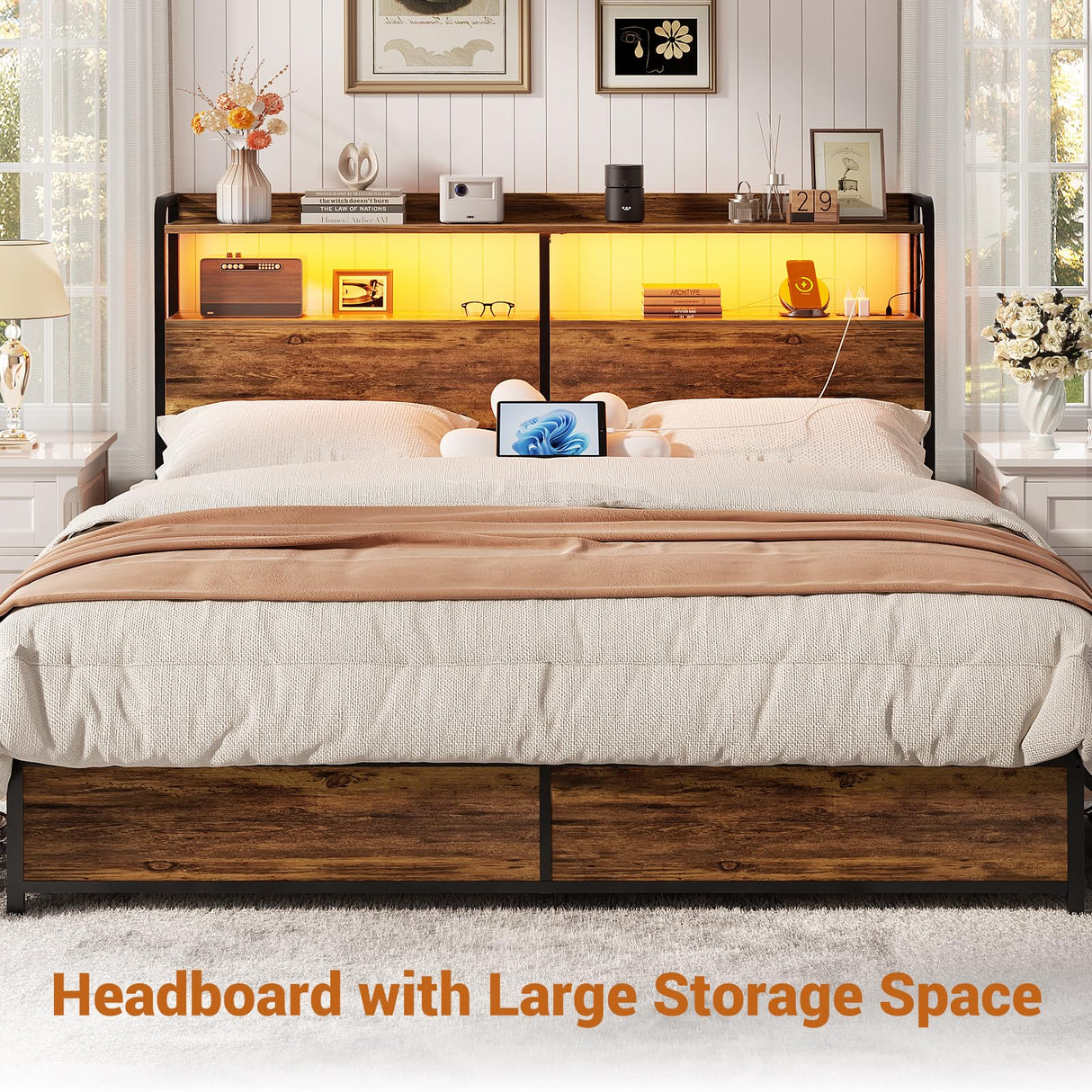 Aheaplus Queen Size Headboard with USB Ports, Outlets, LED Lights, and Storage in Rustic Brown Aheaplus