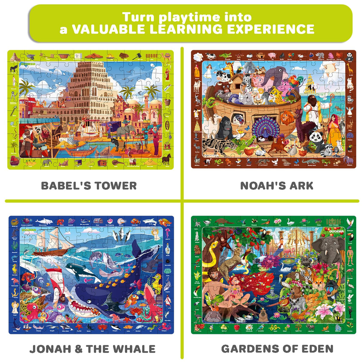 QUOKKA 60 Piece Kids Puzzles Ages 5-8 - Set of 4 Bible Jigsaw Puzzles for Kids 4-6-10 Year Old - Tower of Babel | Noah`s Ark | Eden Toys for Children 5-7 yo - Christian Gifts for Boys & Girls QUOKKA