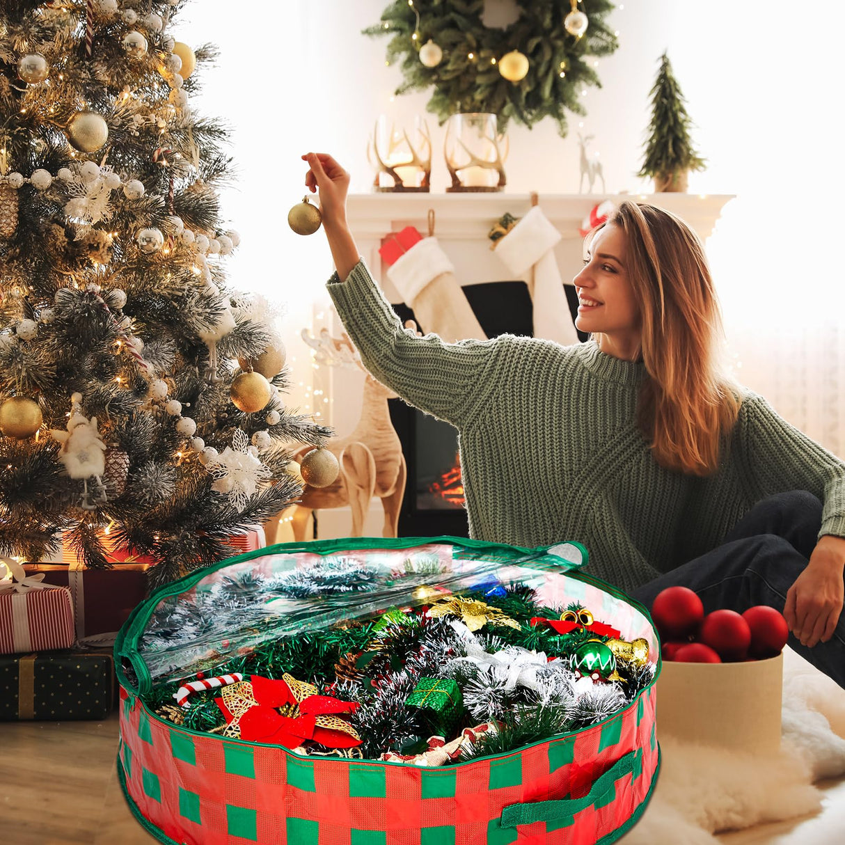 Aliceset 4 Pack Wreath Storage Containers, Storage Bags with Window and Handles, Durable Decoration Box Holder for Holiday(36 x 36 x 7.8 Inch,Red Green Plaid) Aliceset