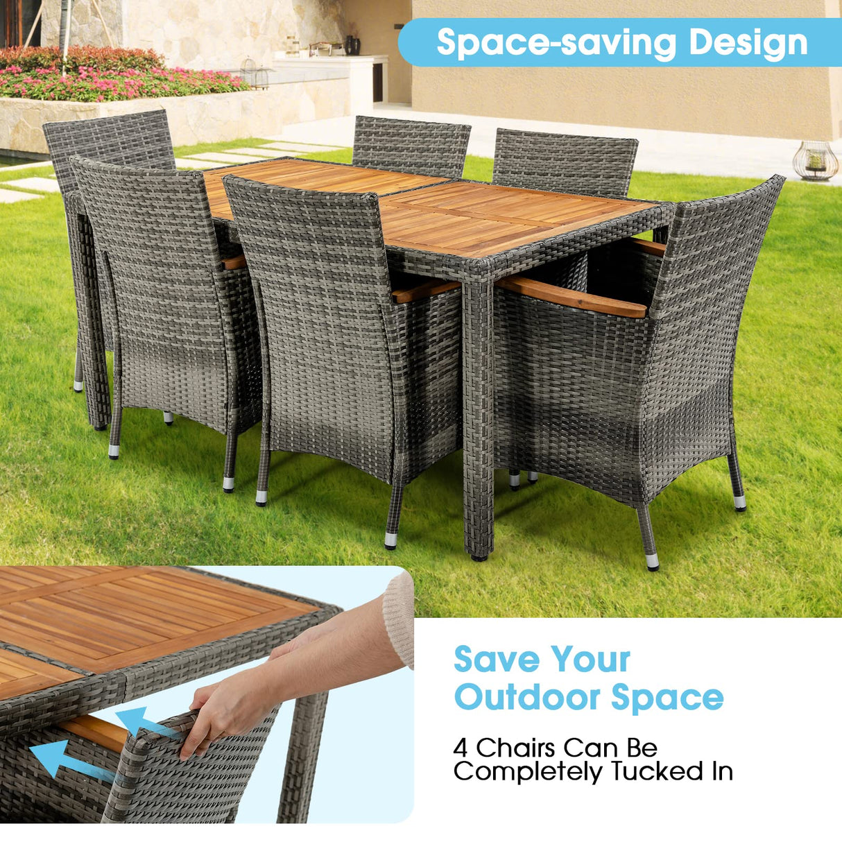 RELAX4LIFE Outdoor Patio Dining Set - 7 Pieces PE Rattan Wicker Furniture Set with Acacia Wood Dining Table Cushioned Armchairs Space-Saving Patio Table and Chairs Set Sectional Conversation Set RELAX4LIFE