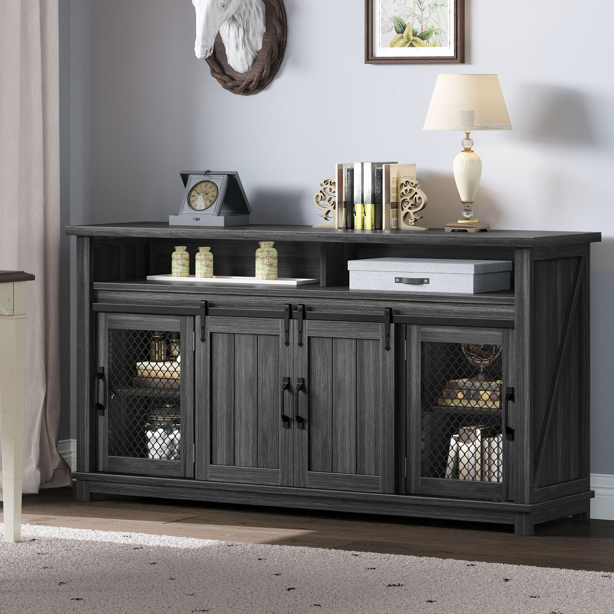 YITAHOME Farmhouse Sideboard Buffet Cabinet, 63" Farmhouse Storage Cabinet with Sliding Barn Doors and Visual Grid Doors, Coffee Bar Cabinet for Kitchen & Living Room, Dark Grey YITAHOME