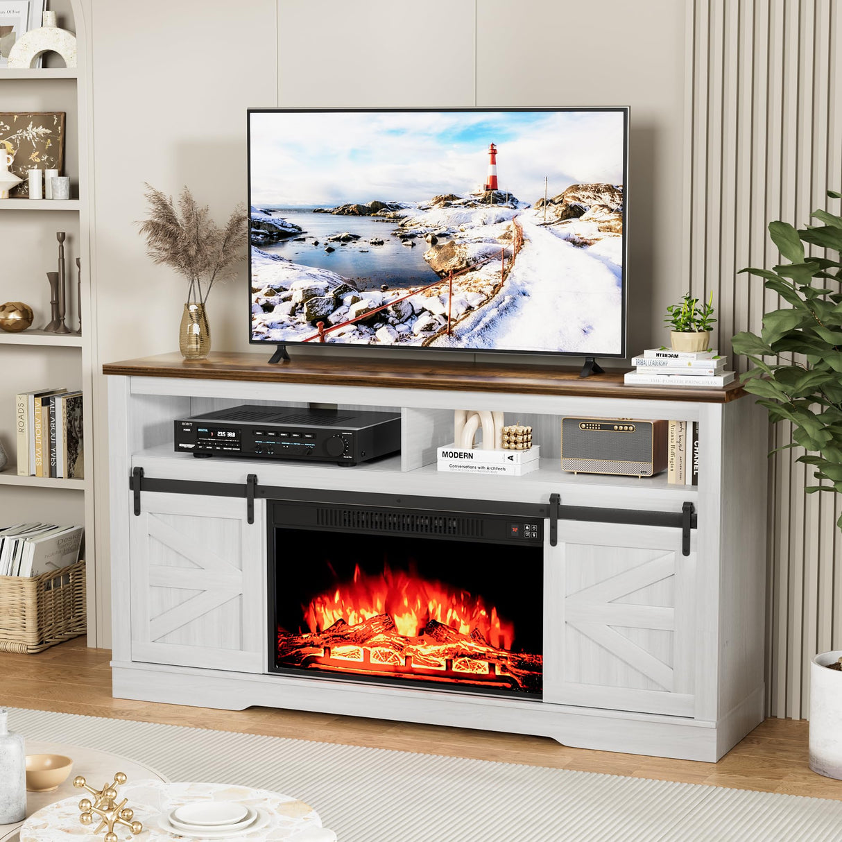 Furniwell Electric Fireplace TV Stand for TVs up to 65", Entertainment Center with 26” Fireplace Console Table with Sliding Barn Door and Adjustable Storage Shelves for Living Room (White) Furniwell