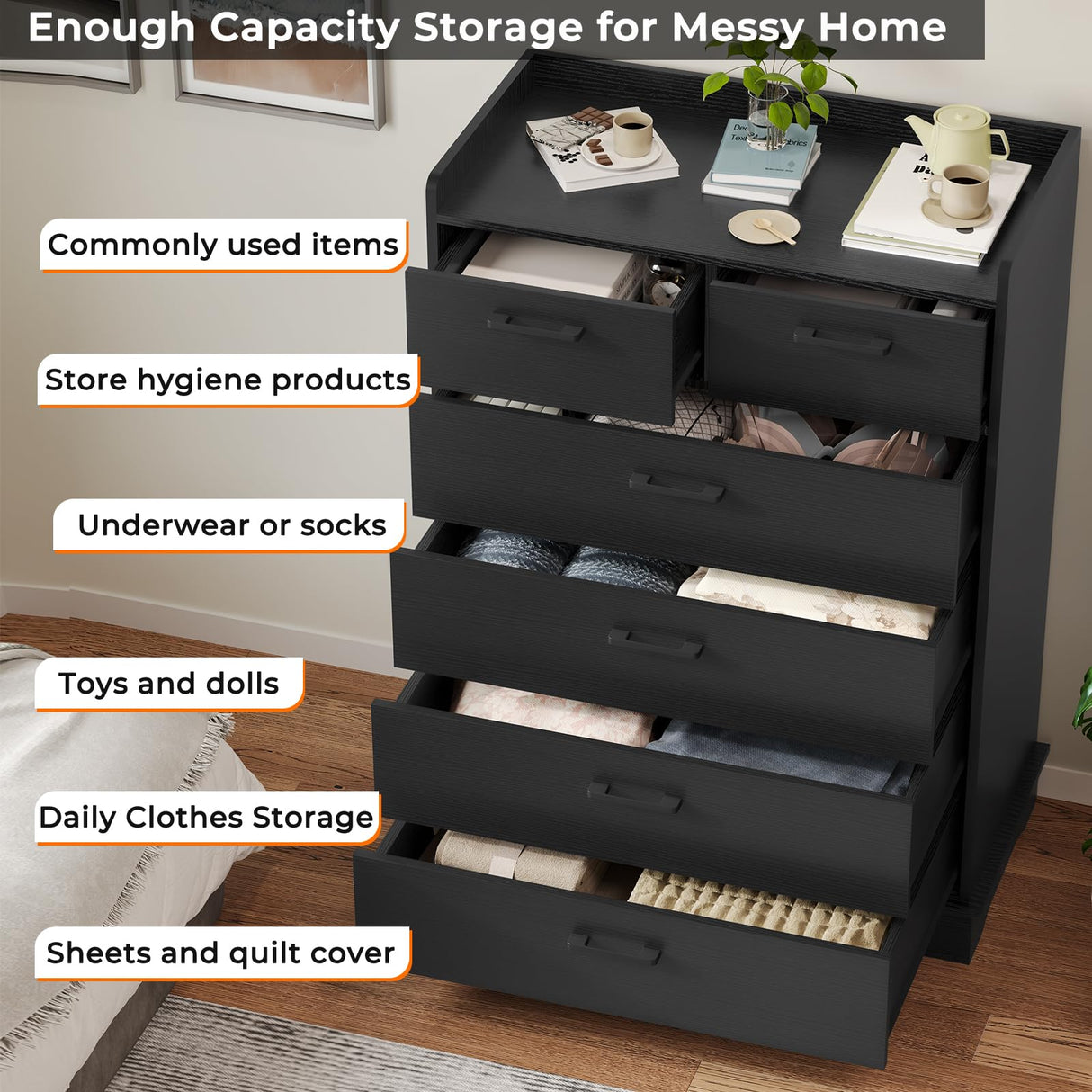 Hasuit Black 6 Drawer Dresser, Wooden Storage Chest of 6 Drawers, Vertical Large Capacity Clothing Storage Organizer, Tall Dressers for Bedroom, Hallway, Entryway Hasuit