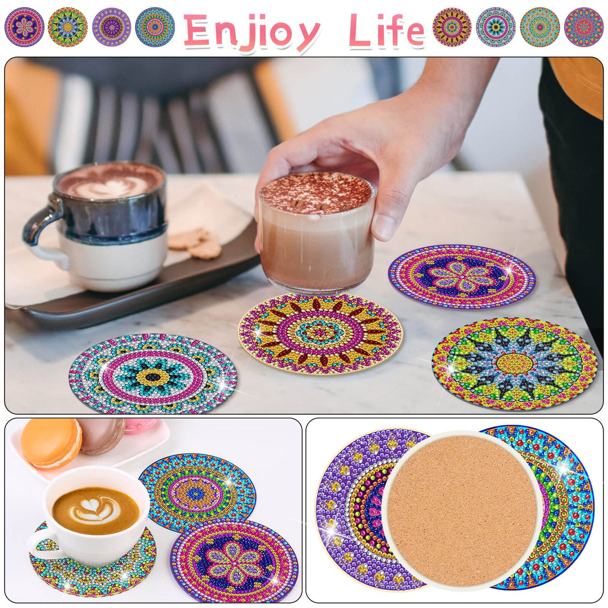 Billbotk Diamond Painting Coasters Kit, 8 Pieces Mandala Diamond Art Coasters with Holder, DIY Diamond Mandala Coasters for Beginners Billbotk