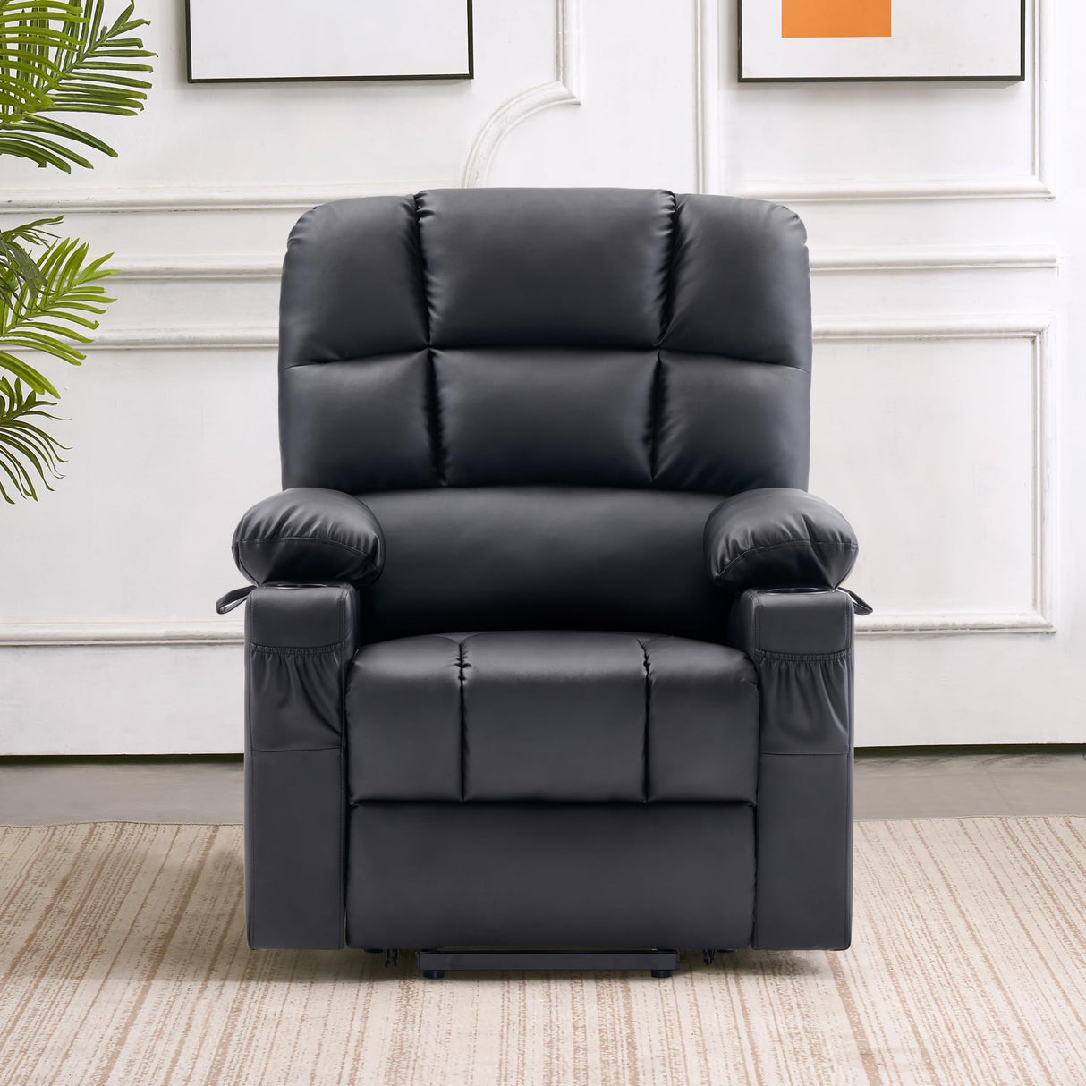 MCombo Medium Lay Flat Dual Motor Power Lift Recliner Chair Sofa with Massage and Heat for Elderly People, Infinite Position, Faux Leather 7679 (Black, Medium) MCombo