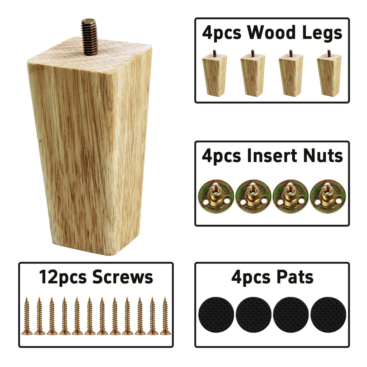 bociloy 4PCS 4 Inch Solid Wood Furniture Legs, Square Wooden Sofa Couch Feet Leg Replacement for Desk Cabinet Bench Dresser Chair Bookcase Risers Parts, Log Stain bociloy