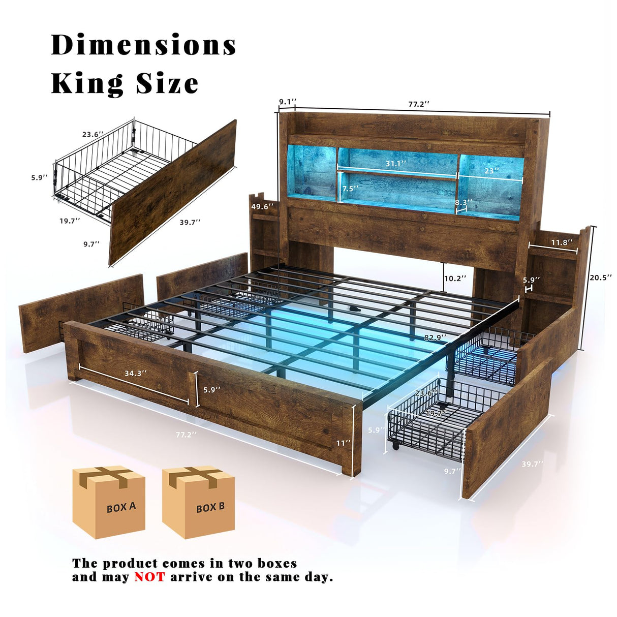 LUXOAK Rustic Brown King Bed Frame with Bookcase Headboard, RGB LED, Charging Station, and Storage Drawers LUXOAK