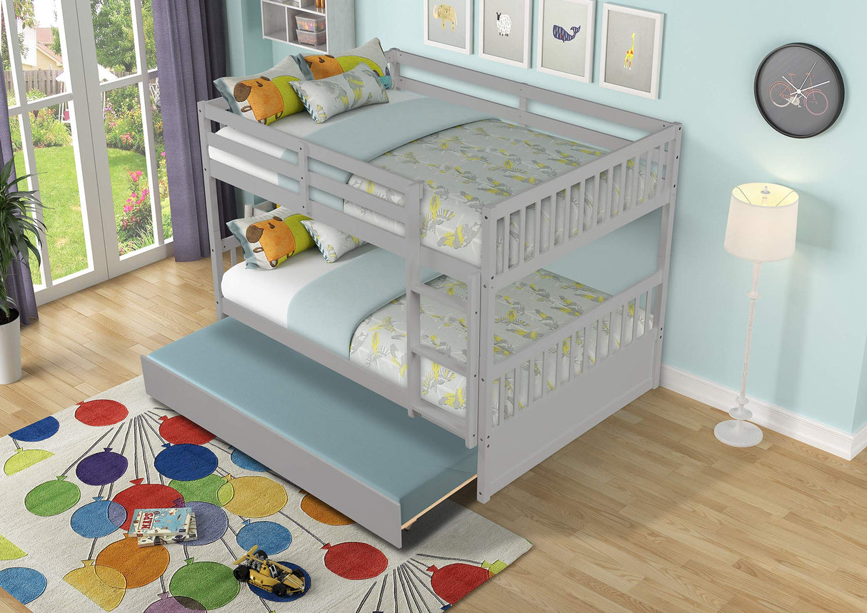 WIILAYOK Full Over Full Bunk Bed with Trundle, Convertible to 2 Full Size Platform Bed, Full Size Bunk Bed with Ladder and Safety Rails for Teens, Adults, Grey WIILAYOK