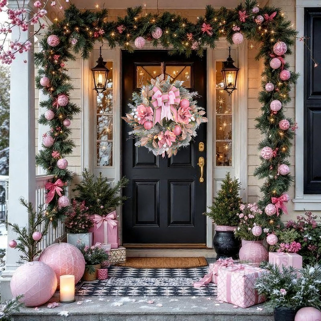 22inch Christmas Pink Wreath for Front Door with 30 LED Lights,Elegant Magnolia Christmas Door Wreath,Festive Holiday Decor, Frosted Winter Pink Decorations for Wedding Vofuly