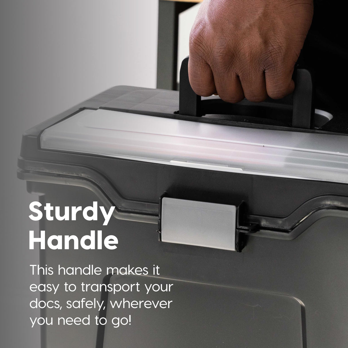 IRIS USA File Box with Lid File Organizer for Letter File w/ Organizer-Lid, Plastic Mobile Filing Organizer, Water Resistant Document Box, Portable File Box with Handle, Secure Buckle, Lockable, Black IRIS