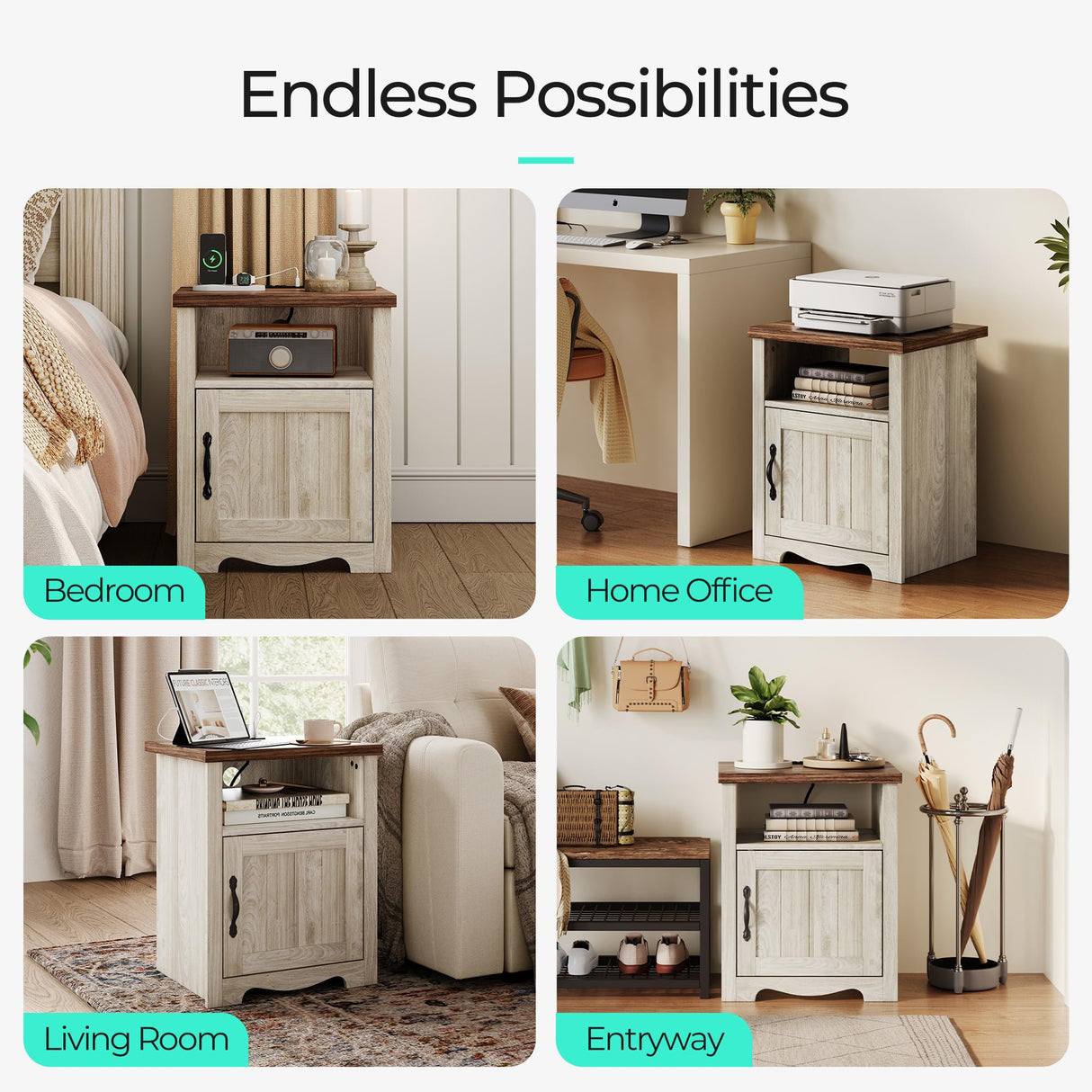 LINSY Farmhouse Night Stand Set of 2, 18.9” Wood End Table with Charging Station, Side Table for Bedroom, Living Room, Couch with USB Ports and Outlets, Nightstand with Storage, Beige LINSY