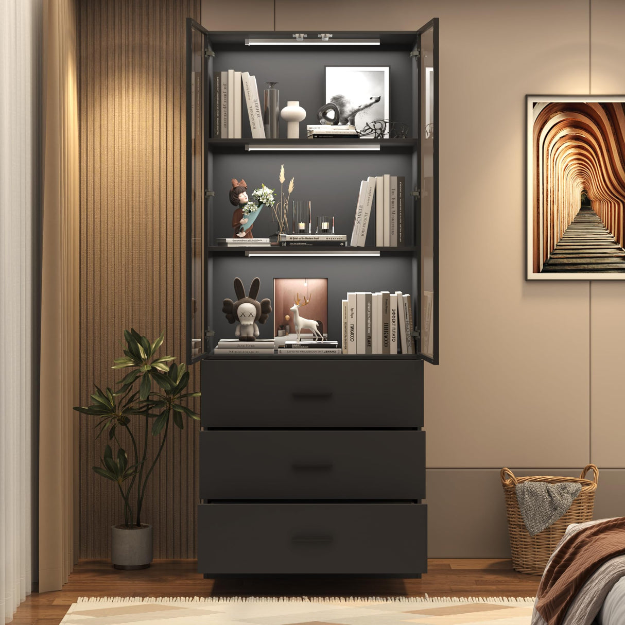 chartustriable 79" Tall Display Cabinet with LED Sensor Light & Pop-up Glass Doors & Drawers, Modern Bookcase Curio Storage Cabinet for Bedroom, Living Room, Office, Black chartustriable