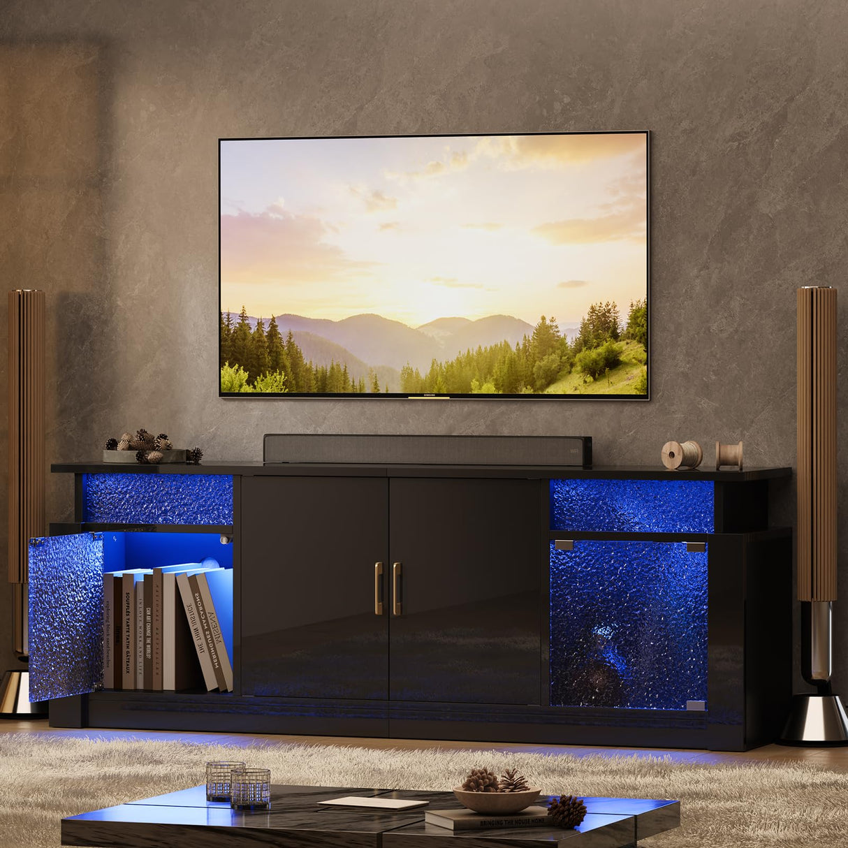 Bestier TV Stand for 55 65 inch TV, LED Entertainment Center with Storage Cabinets & Adjustable Shelves, Modern TV Console with Acrylic Door, TV Stands for Living Room Bedroom (Glossy Black) Bestier