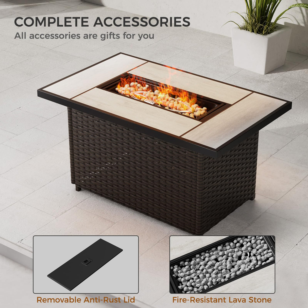 Grand patio 8-Piece Patio Furniture Set with 47" Fire Pit Table, Outdoor Conversation Set & 50,000 BTU 47 Inch Rectangle Propane Fire Pit with Water Resistant Blue Thick Cushions, Brown Grand patio