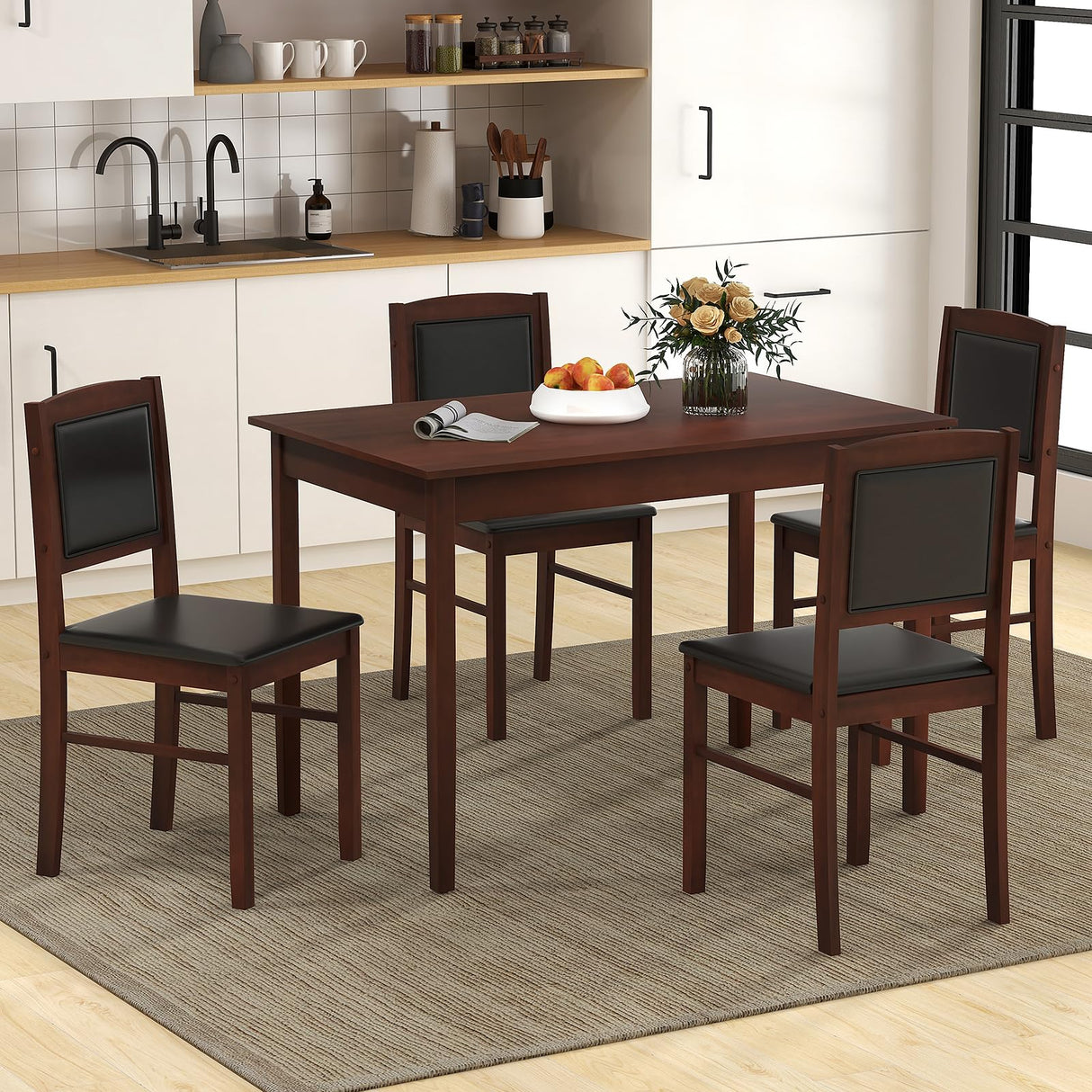 POWERSTONE Farmhouse Wood Dining Table Set for 4, Space-Saving Kitchen Table 4 Chairs Paded PU Leather, Rectangular 5 Piece Dining Table Set 4 Rubberwood Legs Chairs for Kitchen Indoor Dinner (Brown) POWERSTONE