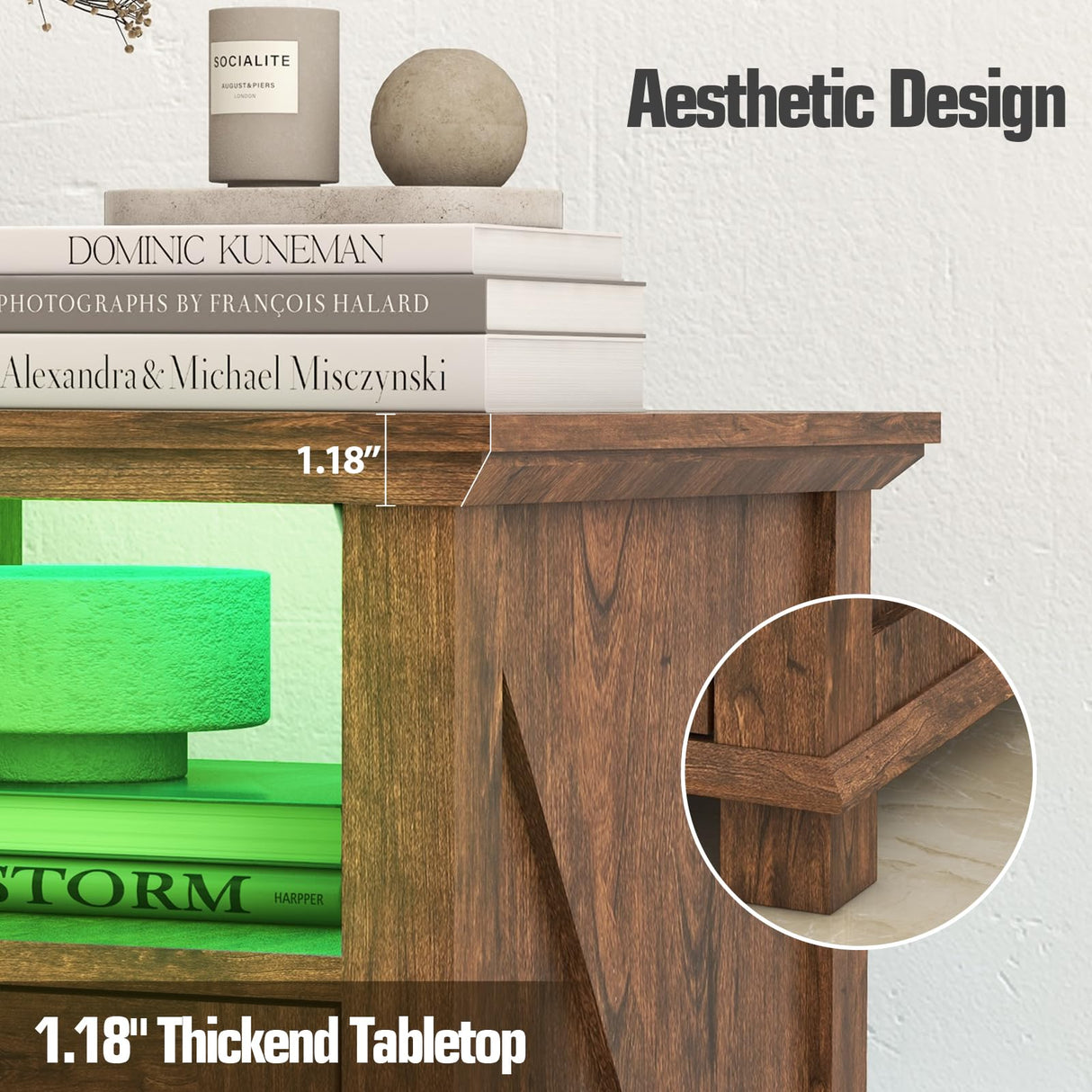 Livofloral Farmhouse Night Stands with Charging Station, End Tables with LED Lights, Bedside Table with Charger Station, Side Tables for Living Room with Storage & Barn Door, Rustic Brown End Table Livofloral