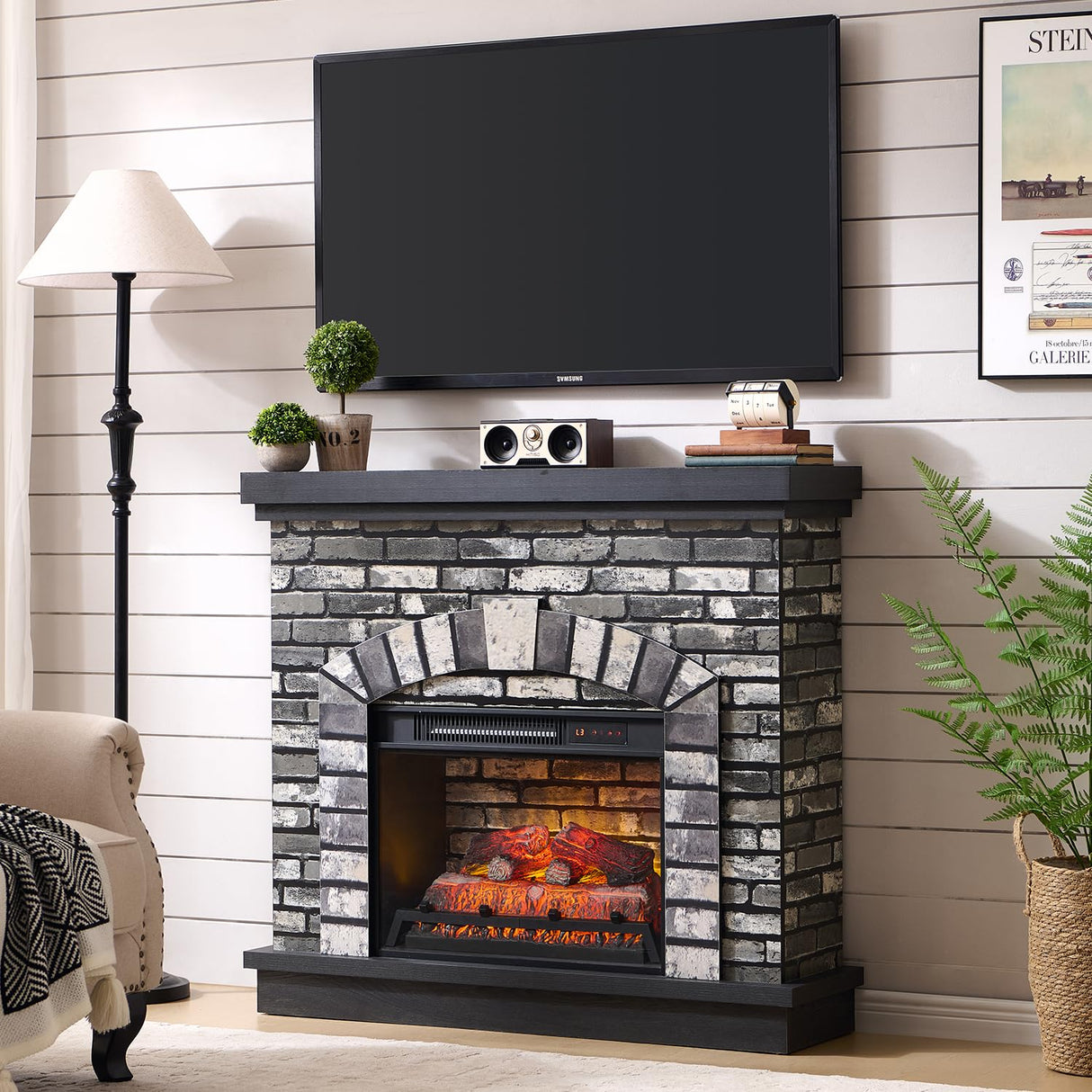 IFGET 42" Electric Fireplace with Mantel, Farmhouse Fireplace TV Stand w/23'' Freestanding Electric Fireplace Heater, Remote Control, Adjustable 3D Realistic Flame Level for Living Room, Light Grey IFGET