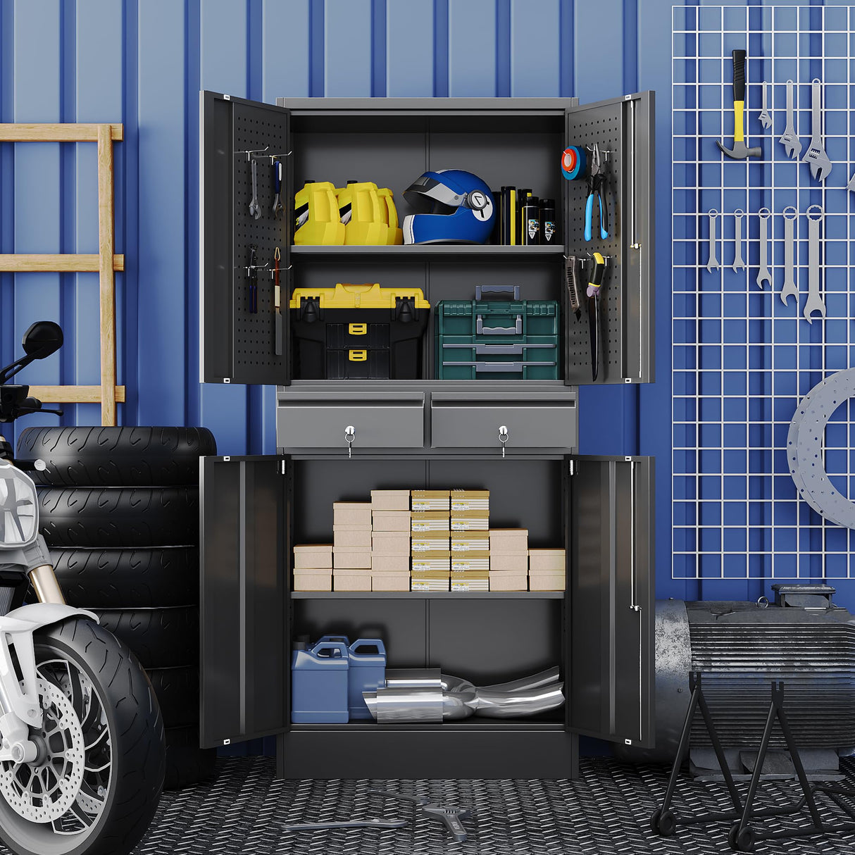 Aobabo 71" H×30" W×15" D Metal Storage Cabinet with 2 Drawers, Locking Steel Storage Cabinet with 2 Adjustable Shelves and 8 Hooks for Garage, Office, Black, Assembly Required Aobabo