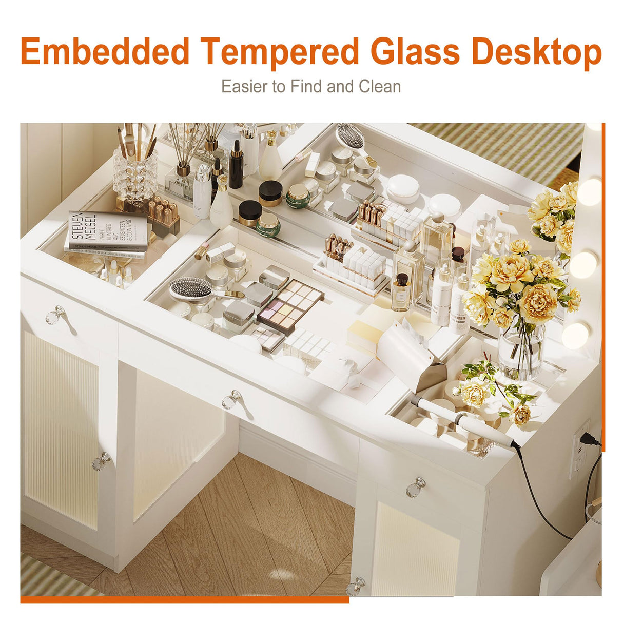 IFSEB Vanity Desk with Mirror and Lights, Glass Top Vanity with Lights & Power Outlet, Makeup Vanity Desk with Lights, White Vanity Table with 3 Color Lighting Modes, Dressing Table for Women, Girls IFSEB