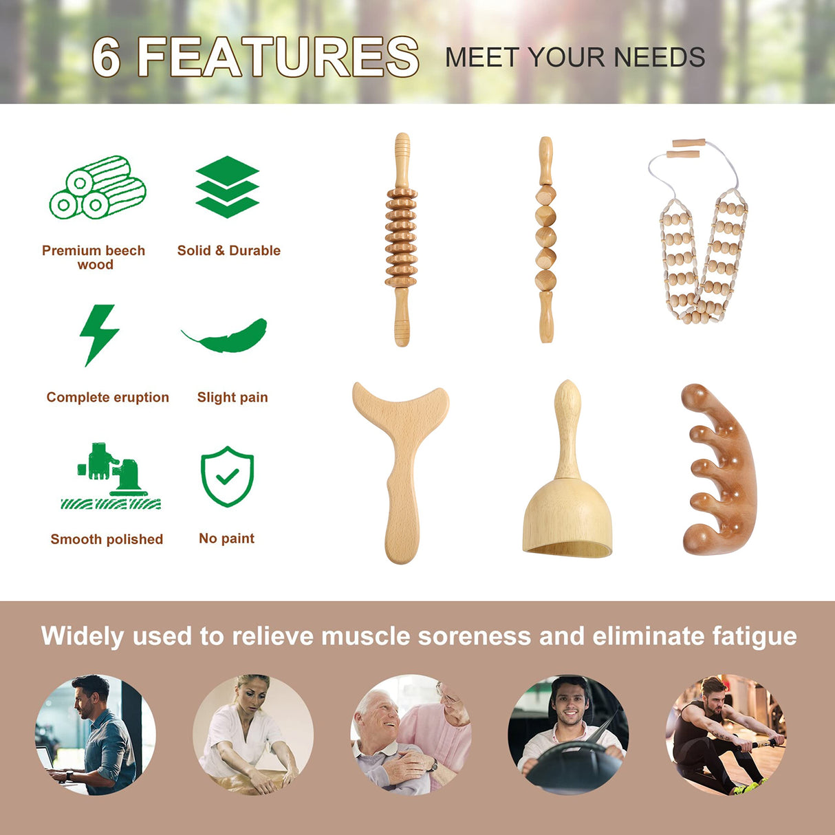 OYAMEQICH Wood Therapy Massage Tools Maderoterapia Kit Body Sculpting Tools for Lymphatic Drainage and Anti-Cellulite .Wood Massager Roller Rpoe for Back and Muscle Pain Relief (Medium) OYAMEQICH