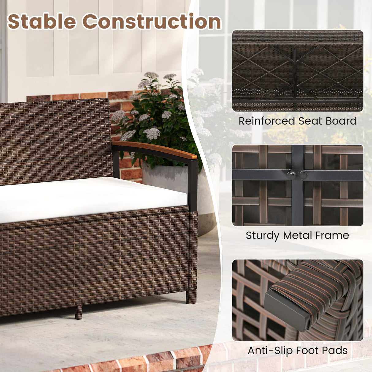 Tangkula 46 Gallon Outdoor Bench with Storage, Outdoor PE Rattan Storage Bench with Cushion, Backrest & Acacia Wood Armrests, Metal Frame, Waterproof Deck Box Seat for Porch Backyard Poolside Tangkula