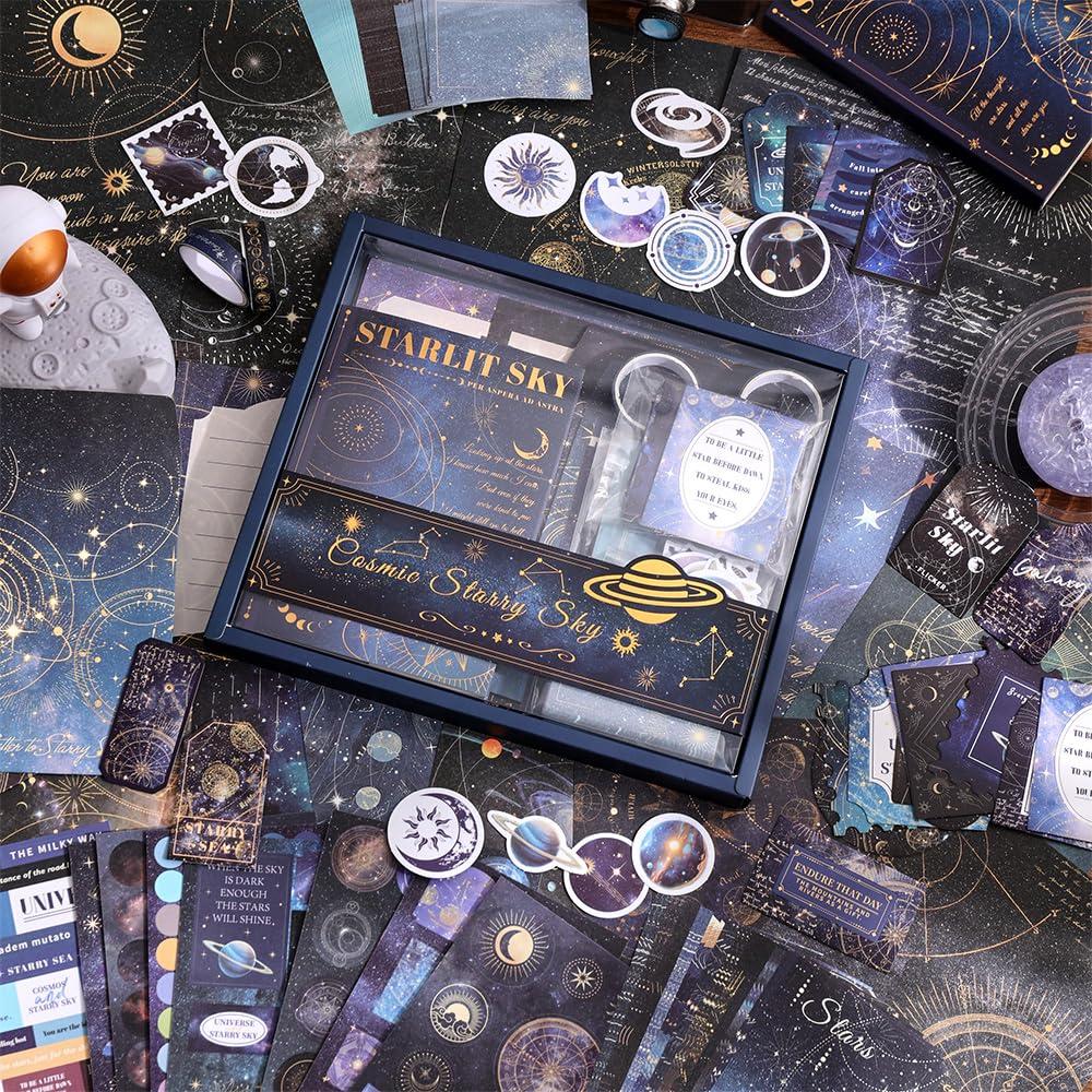 icceemee Scrapbooking Supplies Kit, Blue Starry Sky Scrapbooking Kit for Bullet Junk Journaling, Stationery, A6 Grid Notebook, Floral DIY Note-Taking Supplies, Birthday Craft Gift for Teen Girls icceemee
