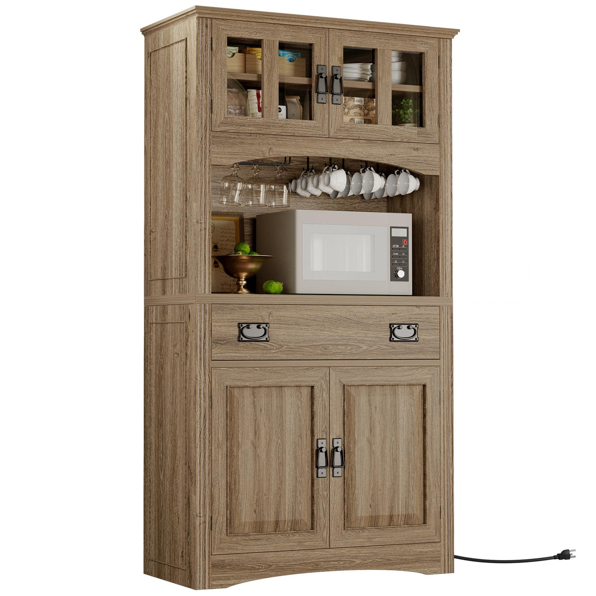 IRONCK Pantry Cabinet with Power Outlets, Kitchen Pantry Storage Cabinet with Microwave Stand, Farmhouse Kitchen Hutch for Dining Room, Living Room, Light Rustic Oak IRONCK