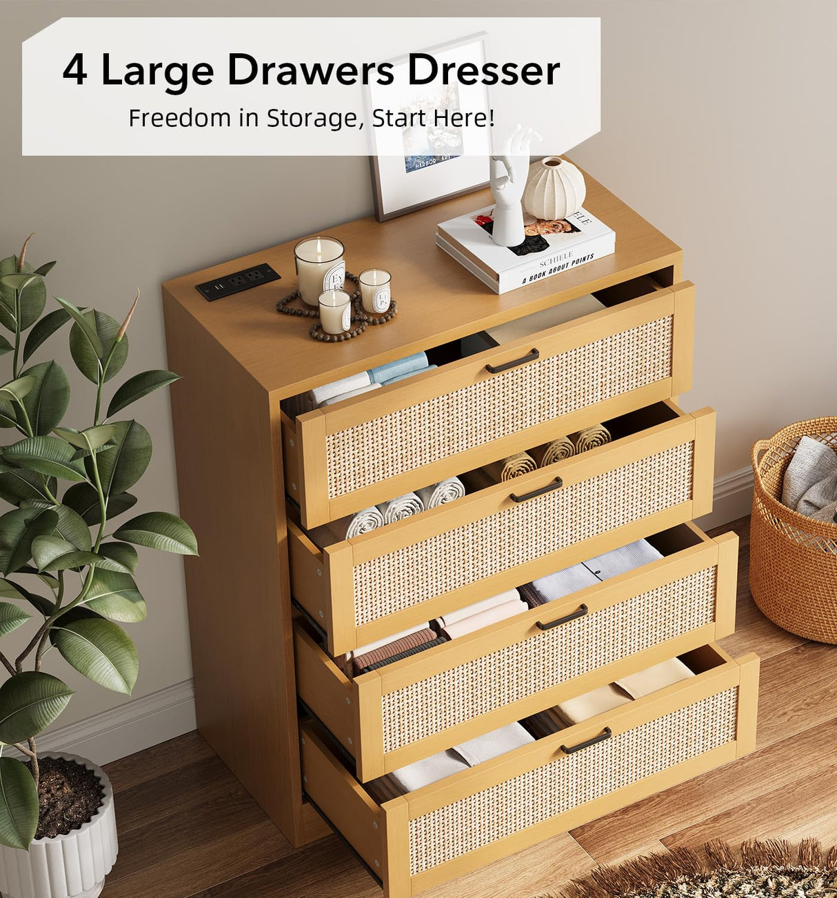 GarveeHome 4 Drawer Dresser Rattan Dresser, Tall Chest of Drawers, Wood Dresser for Bedroom, Closet, Living Room, Hallway GarveeHome