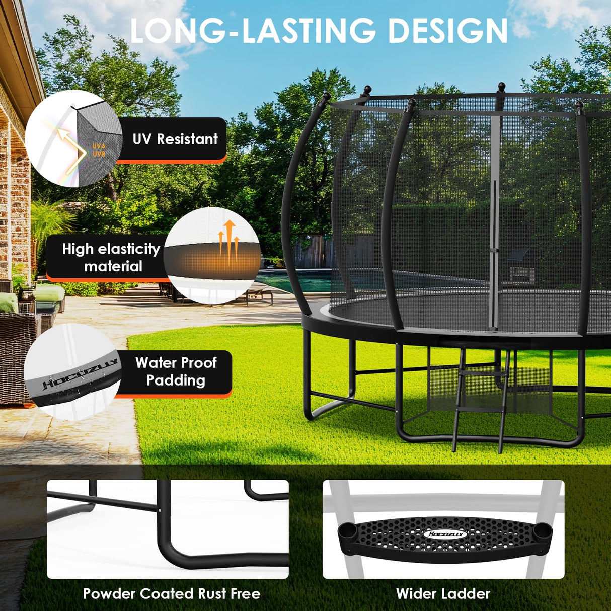 Hocozlly Outdoor Trampoline 14FT for Kids, ASTM Approval Recreational Trampoline with Enclosure, Reinforced Trampolines with Thickened Pole & Non-Slip Wider Ladder (Grey) Hocozlly