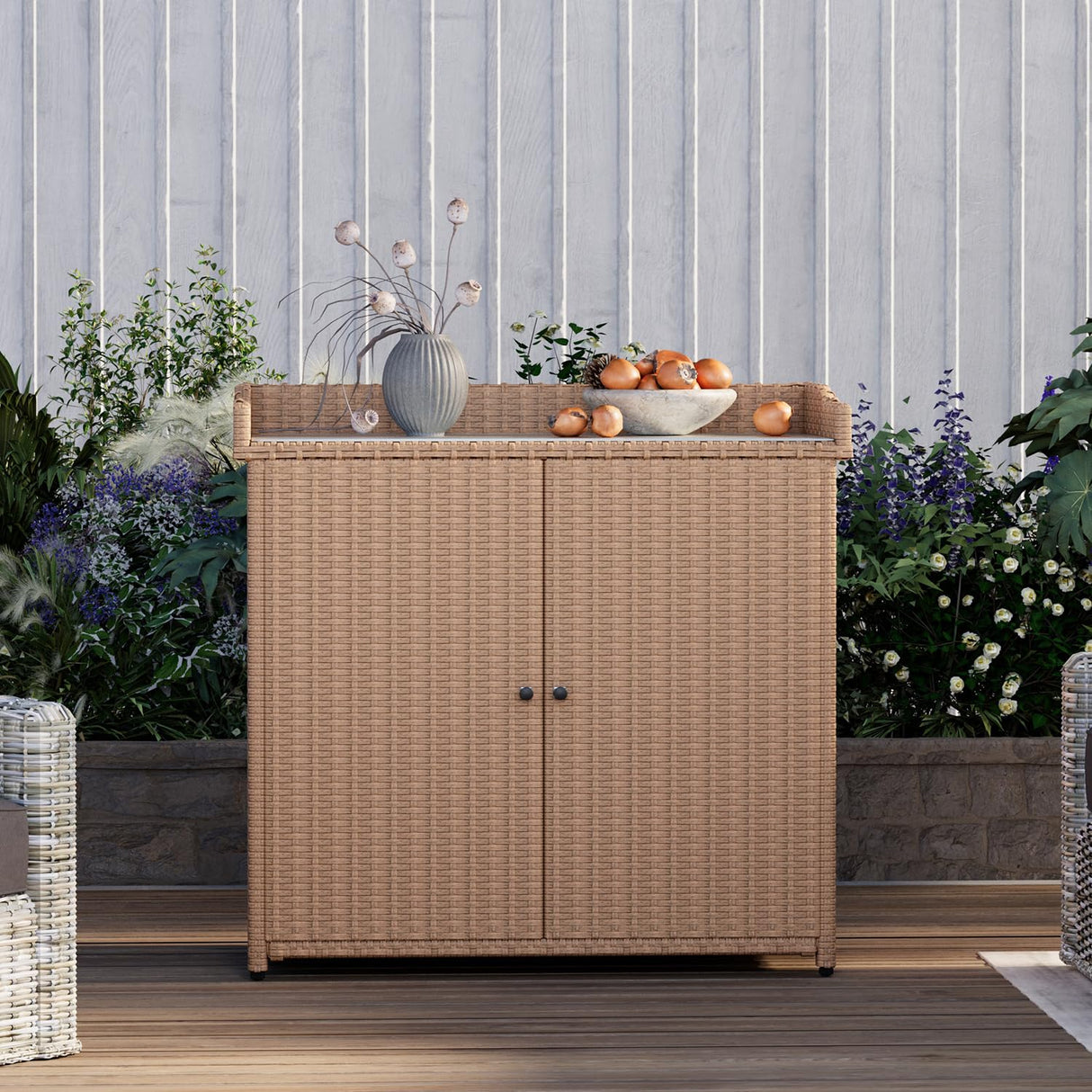 Rattan Outdoor Storage Cabinet, Large Space Potting Bench with Waterproof Metal, Plate Garden Table for Outdoor Storage and Gardening JFHID