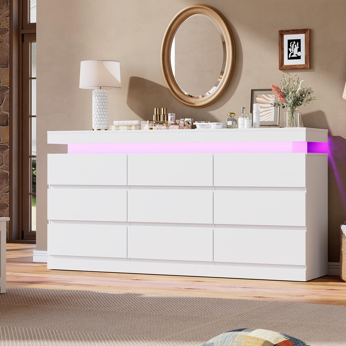 Garvee 9 Drawer Dresser for Bedroom - 63” Wide Chest of Drawers with LED Light and Charging Station, Large TV Stand Multi-Function Home Organizer for Living Room, Entryway, Hallway, White Garvee