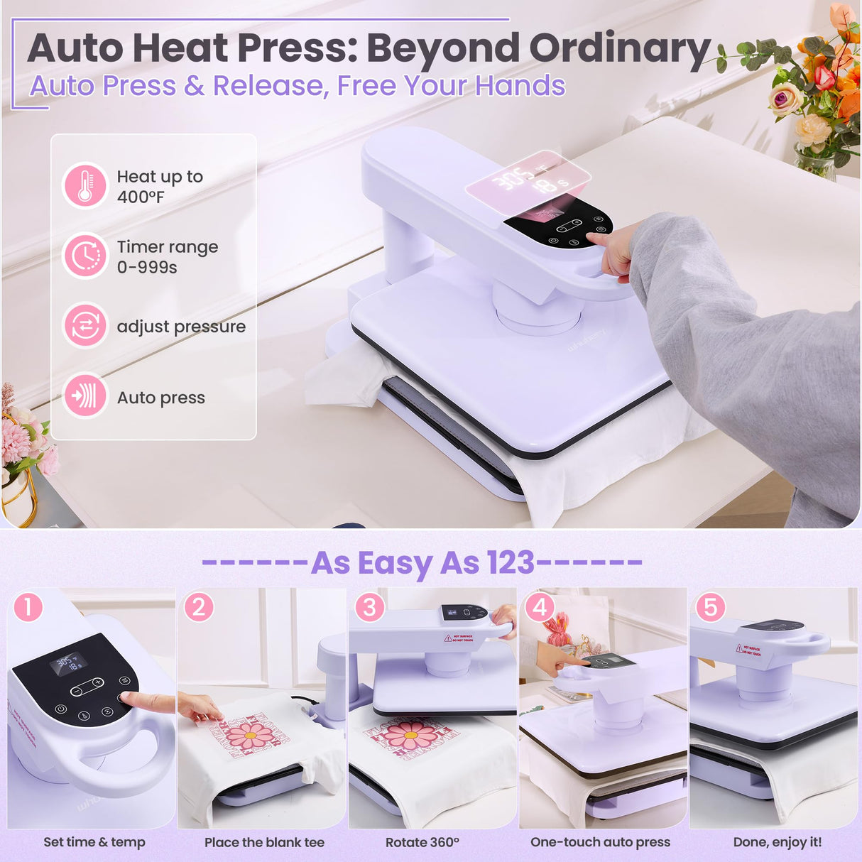 Whubefy 360° Swivel Auto Heat Press 15x15 - Professional Automatic Shirt Press Machine with Auto Release & 7-Level Auto Pressure - Swing Away Large Pro Heat Press Machine for T Shirts Hoodie HTV Vinyl Whubefy