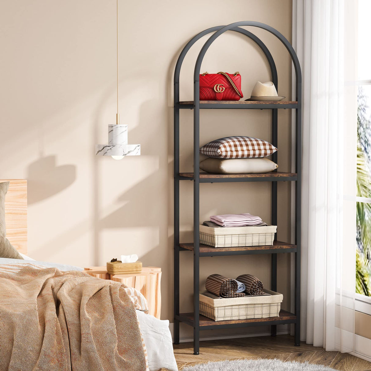 Tribesigns 4-Tier Industrial Arched Bookshelf in Rustic Brown - Freestanding Metal Frame Storage Rack Tribesigns