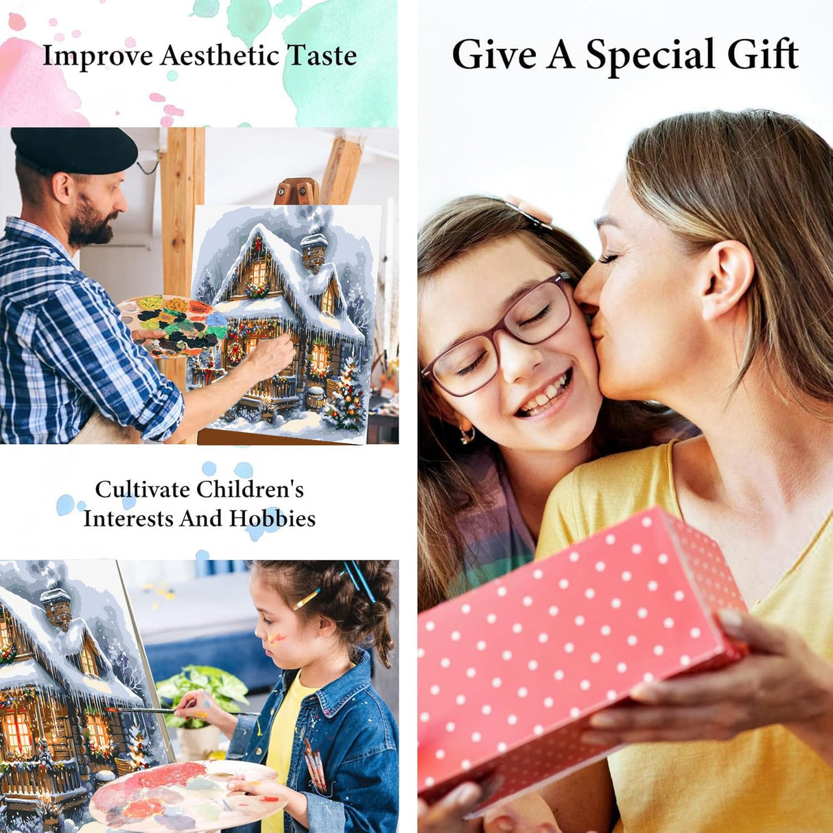 igoodom Christmas Paint by Numbers Kit for Adults – Winter Snow House Adult Paint-by-Number on Canvas, DIY Acrylic Painting Set for Home Decor Gift, 16x16inch igoodom