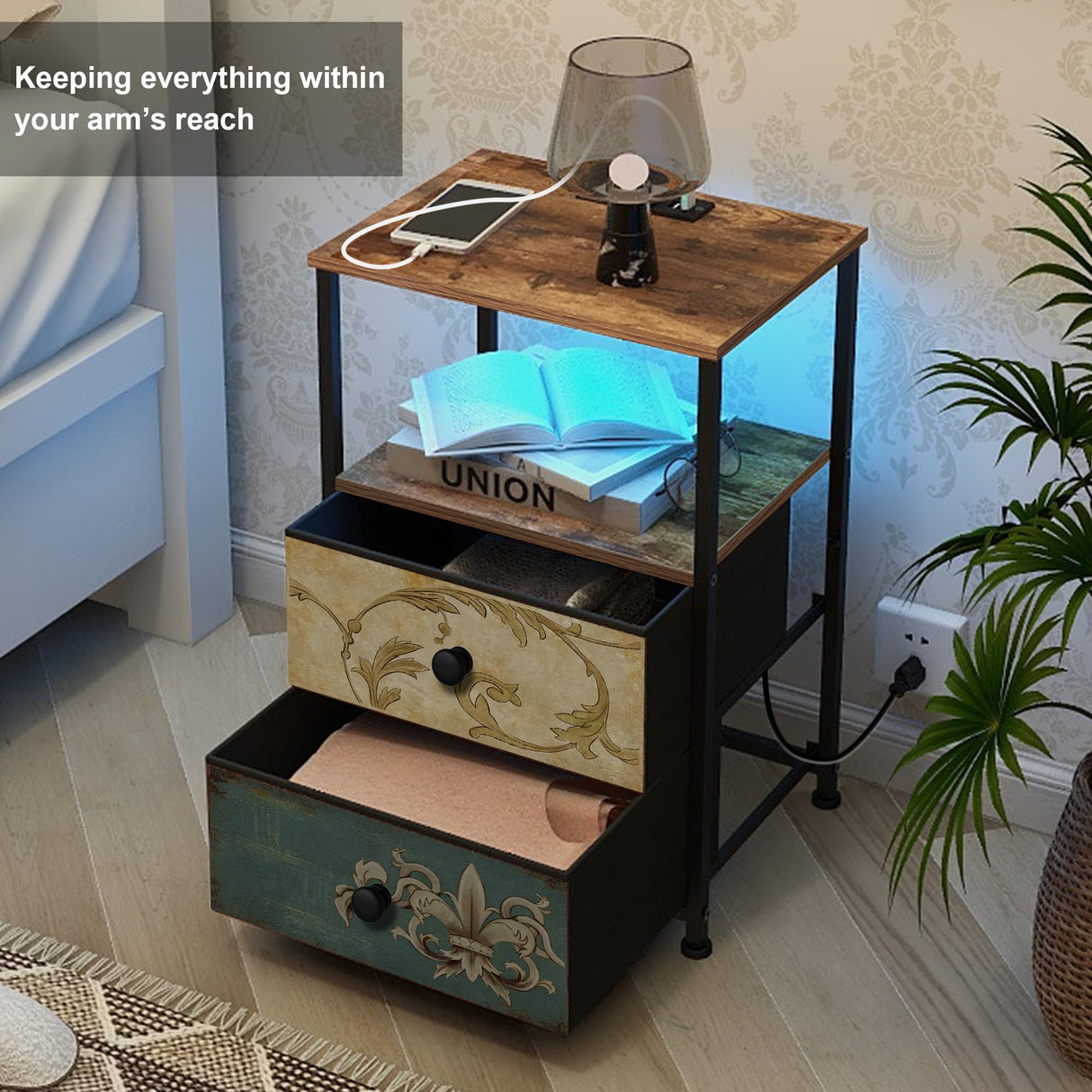 Tohomeor Nightstand with Charging Station USB Outlet and LED Light End Table Dresser with 2 Fabric Drawers Open Storage Shelf for Bedroom Living Room Sofa Beside (1, Multi) Tohomeor