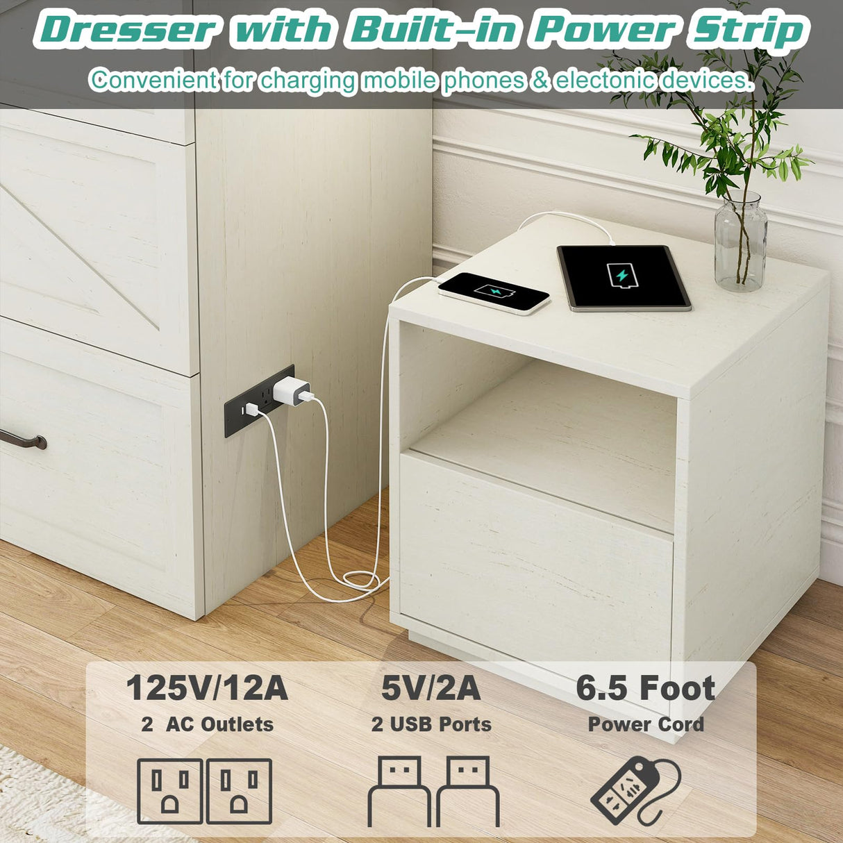 Hlivelood Full Size Murphy Chest Bed with Drawer and Charging Station, Farmhouse Wood Space-Saving Hidden Folding Beds Chest, Multifunctional Storage Cabinet Bed for Bedroom, Office, Rustic White Hlivelood