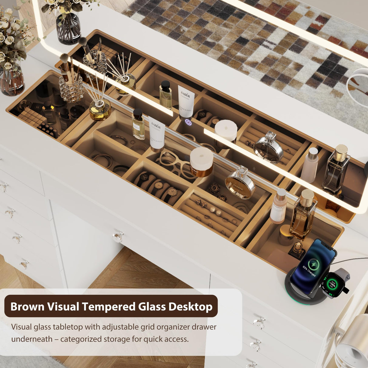 Otterease White Makeup Vanity, 11 Drawers Vanity Mirror with Lights, Makeup Vanity Desk with 3 Lighting Modes Adjustable Brightness, Vanity with Glass Top for Bedroom Otterease