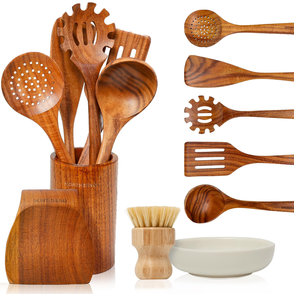 Wooden Kitchen Utensil Set - Teak Wood Cooking Utensil Sets Include Wooden Utensil Holder, Wooden Spatula, Spaghetti Spoon, Cleaning Brush & More - Durable Heat Resistant Wood Utensils Set for Cooking Northbend