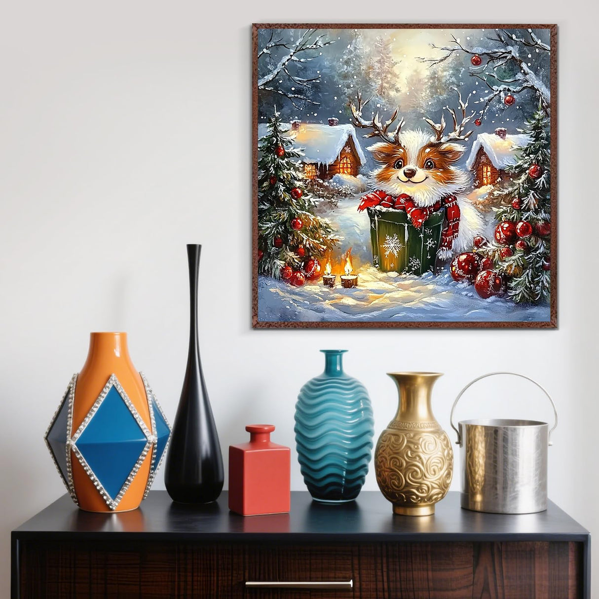 Christmas Elk House Diamond Painting Kits for Adults, 5D Winter Diamond Art Kits for Adults Beginners, DIY Full Round Drill Diamond Dot Painting Gem Art Kits for Adult, Home Wall Decor 13.8x13.8 Inch LKHMVCA