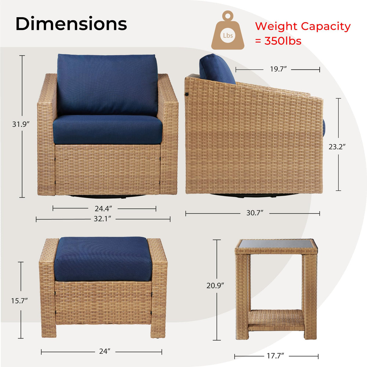 CHITA 5 Pieces Wicker Patio Furniture Set, Outdoor Conversation Set with 2 Pieces Rattan Swivel Chairs, 2 Pieces Ottomans, Thickened Cushions and Side Table, Blue Cushions with Brown Wicker CHITA